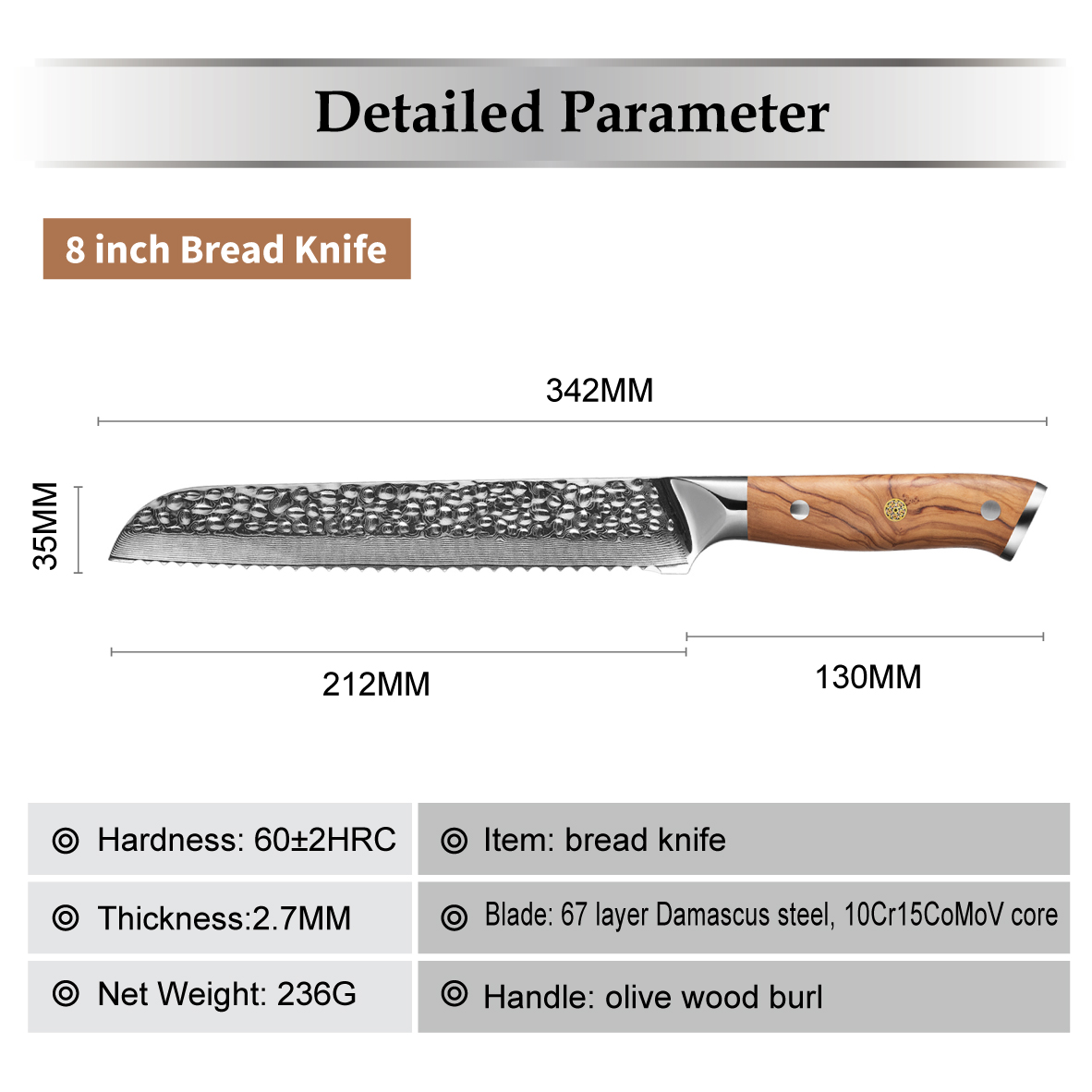 Cuchillo de cocina damasco ZA-37478 - Bread/Marrón