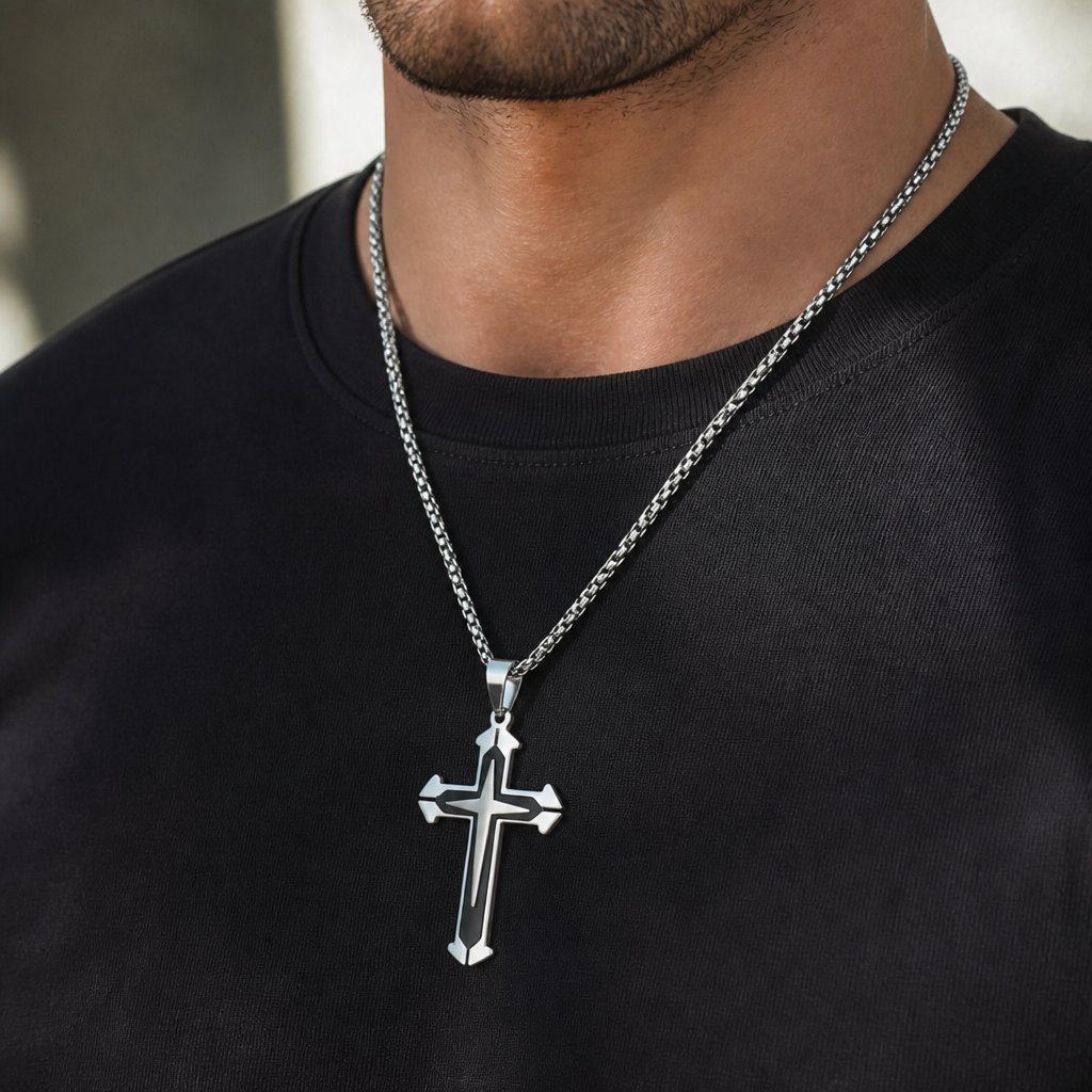 Collar JO-34099 Cross - Plateado / Negro